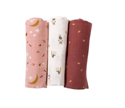 Set of 3 muslin squares (characters/stars/leaves) Après la Pluie