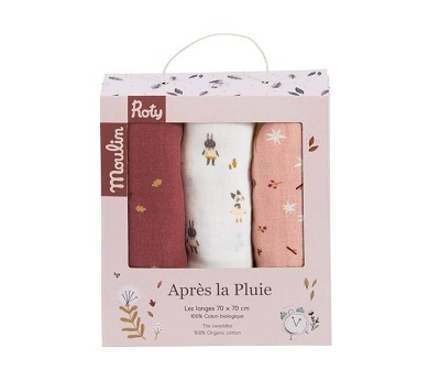 Set of 3 muslin squares (characters/stars/leaves) Après la Pluie