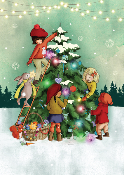 Belle & Boo postkort Decorating tree