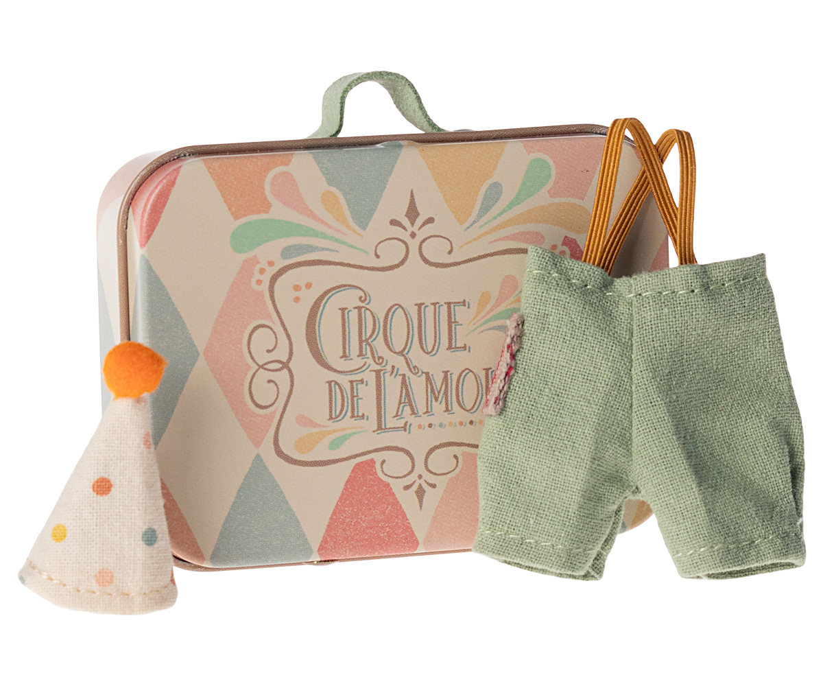 Clown clothes in suitcase. Little brother mouse