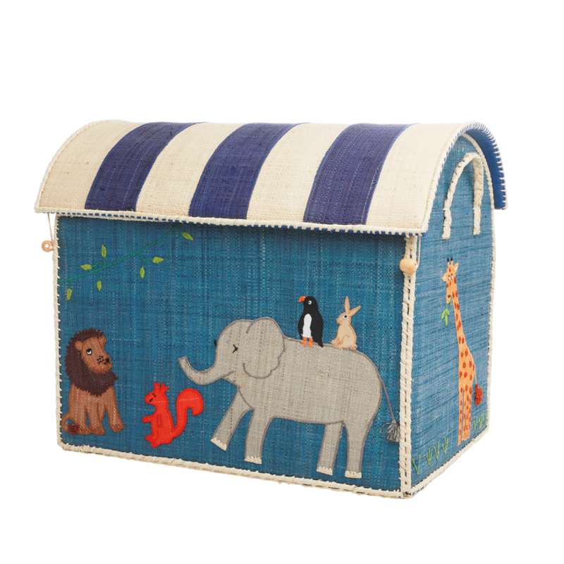 Raffia Toy Basket with Animal Theme - Blue – Large
