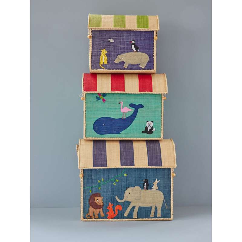 Raffia Toy Basket with Animal Theme - Blue – Large