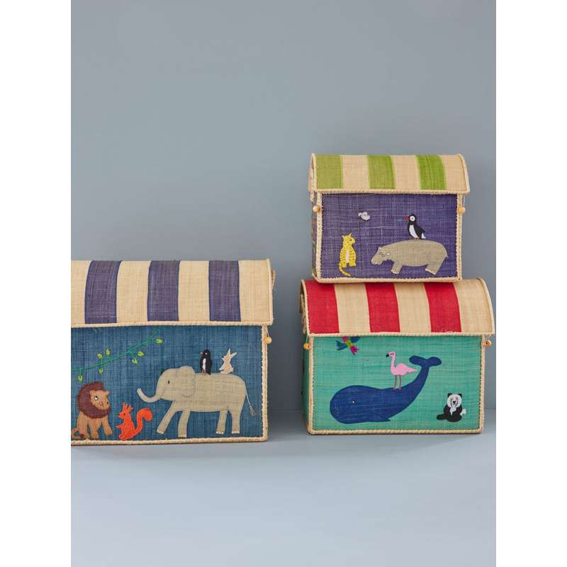 Raffia Toy Basket with Animal Theme - Blue – Large