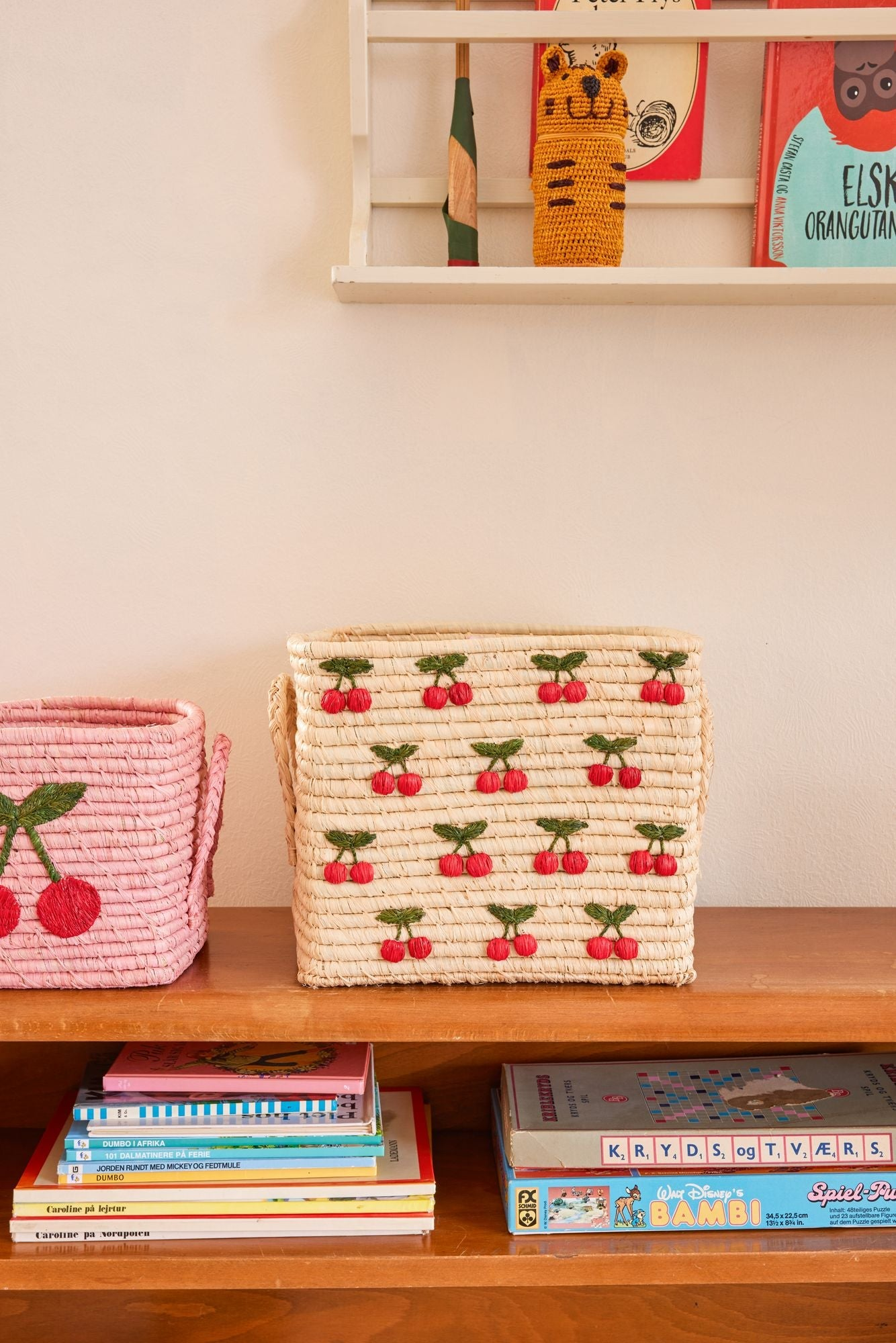 Raffia Square Basket with Small Cherries All Over Embroidery - Raffia Handles