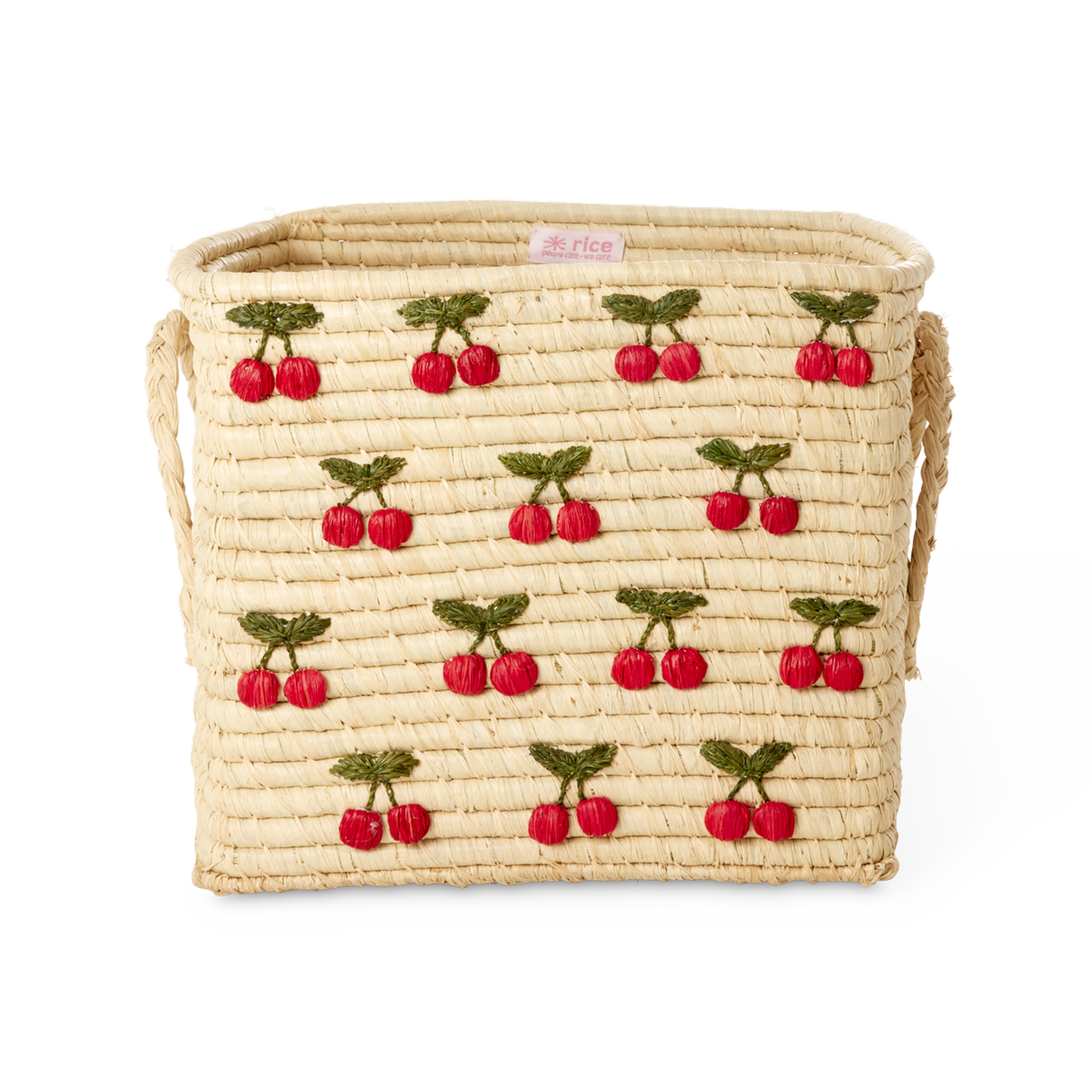 Raffia Square Basket with Small Cherries All Over Embroidery - Raffia Handles
