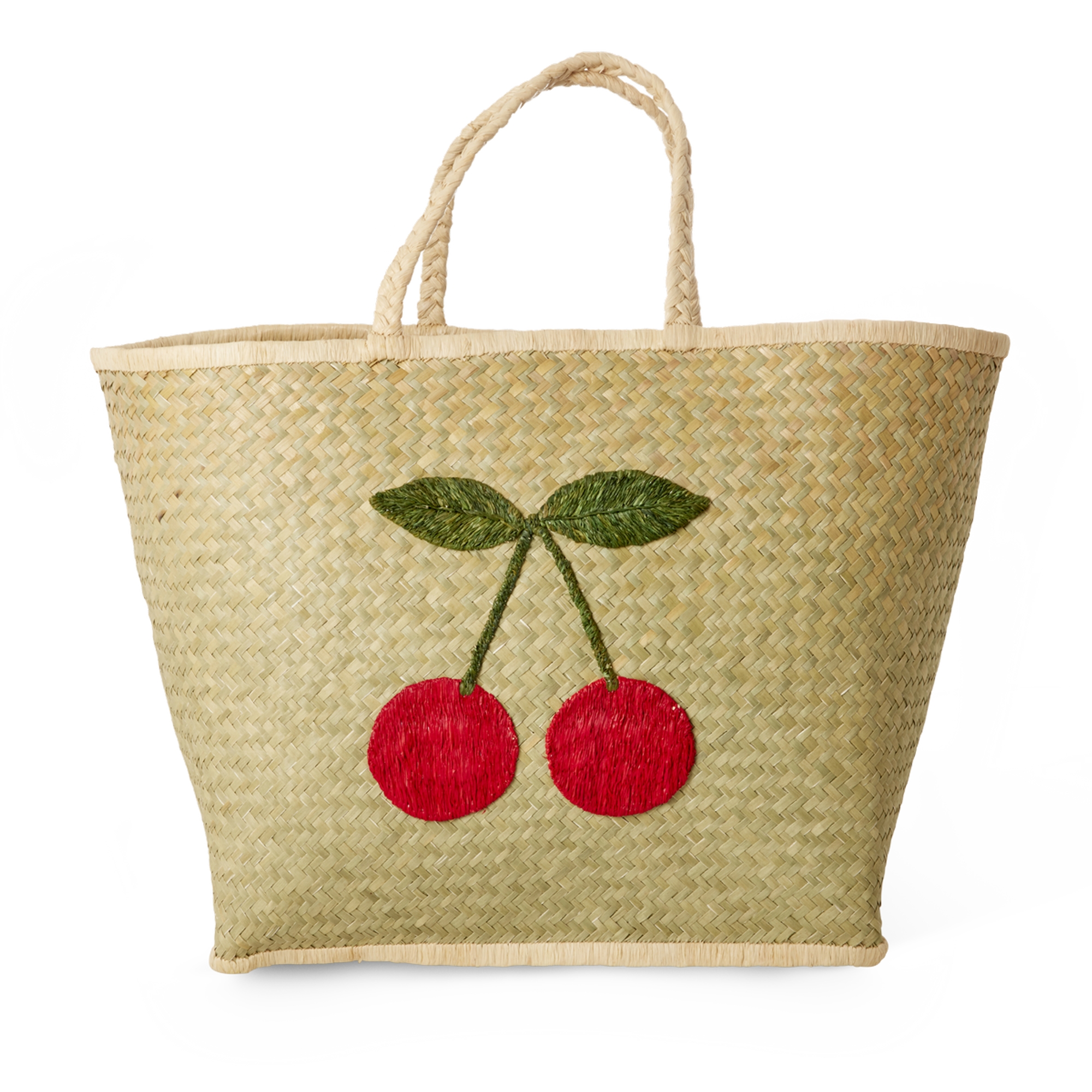 Raffia Bags in Natural with Big Cherry Embroidery - Raffia Handles - Large
