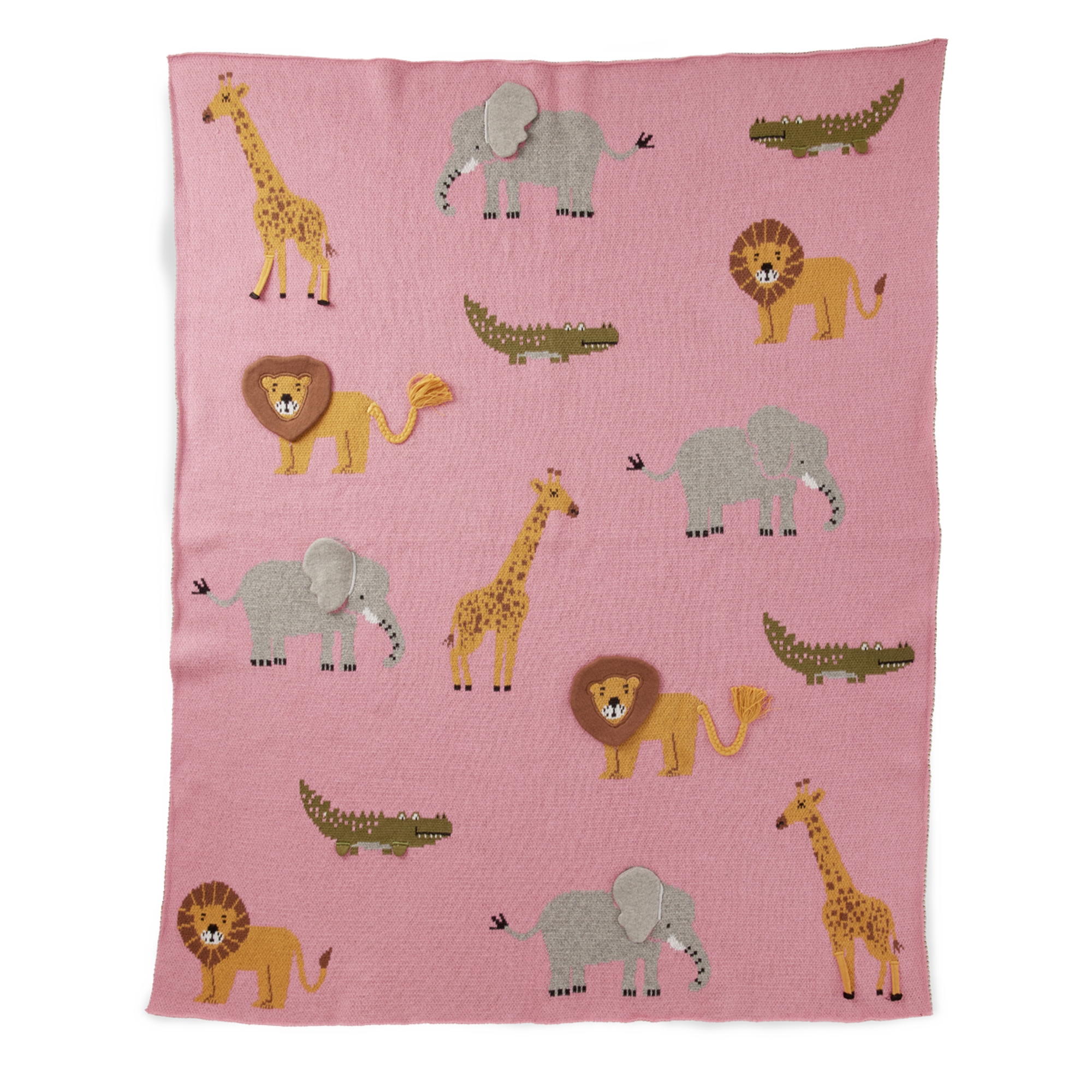 Knitted Baby Blanket in Pink with Animals and 3D Details - Pink