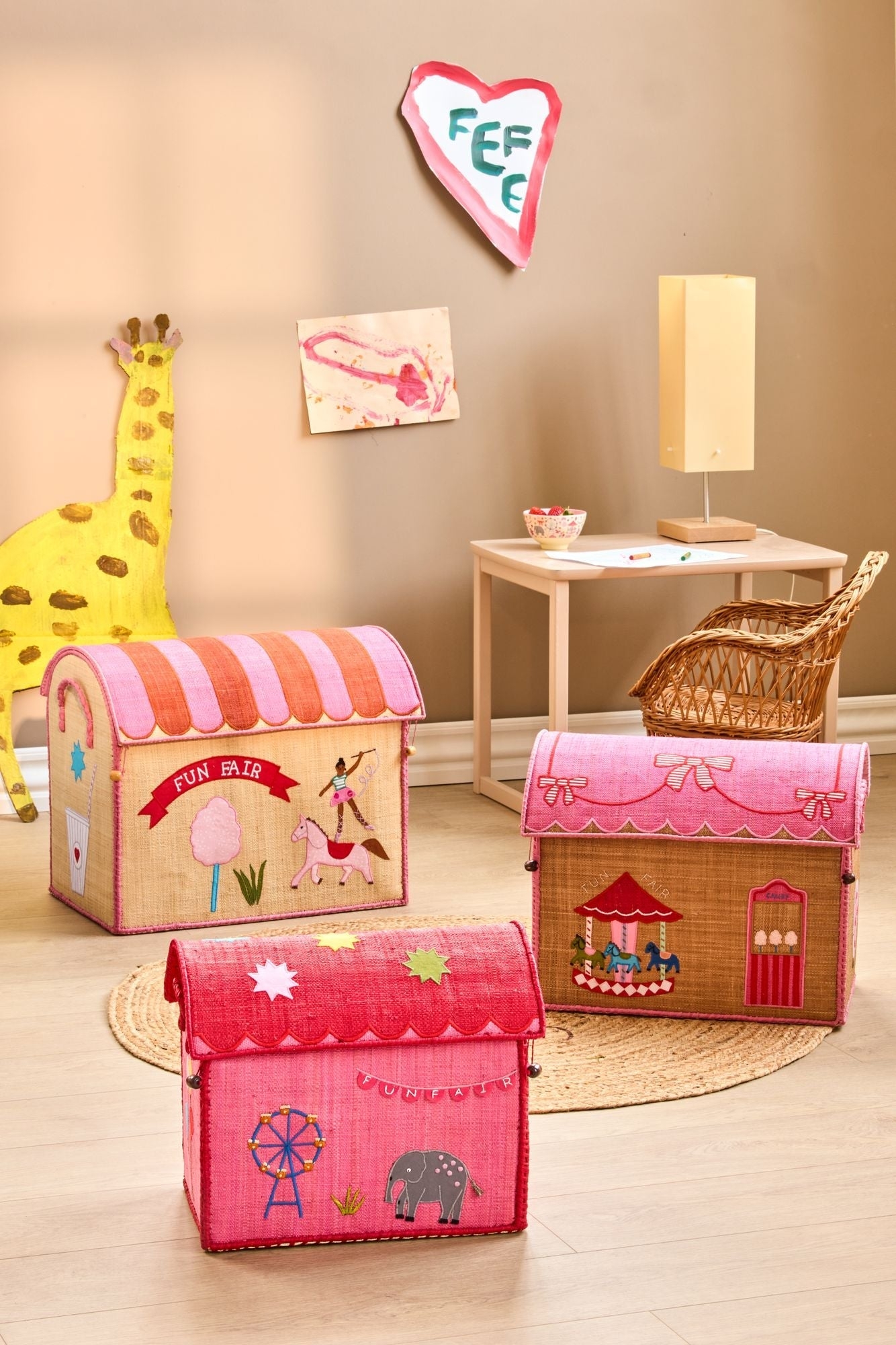 Raffia Toy Baskets with Fun Fair Theme - Pink - Small