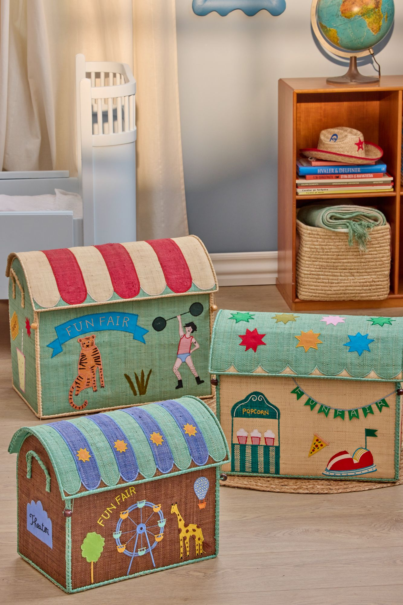 Raffia Toy Baskets with Fun Fair Theme - Mint - Large