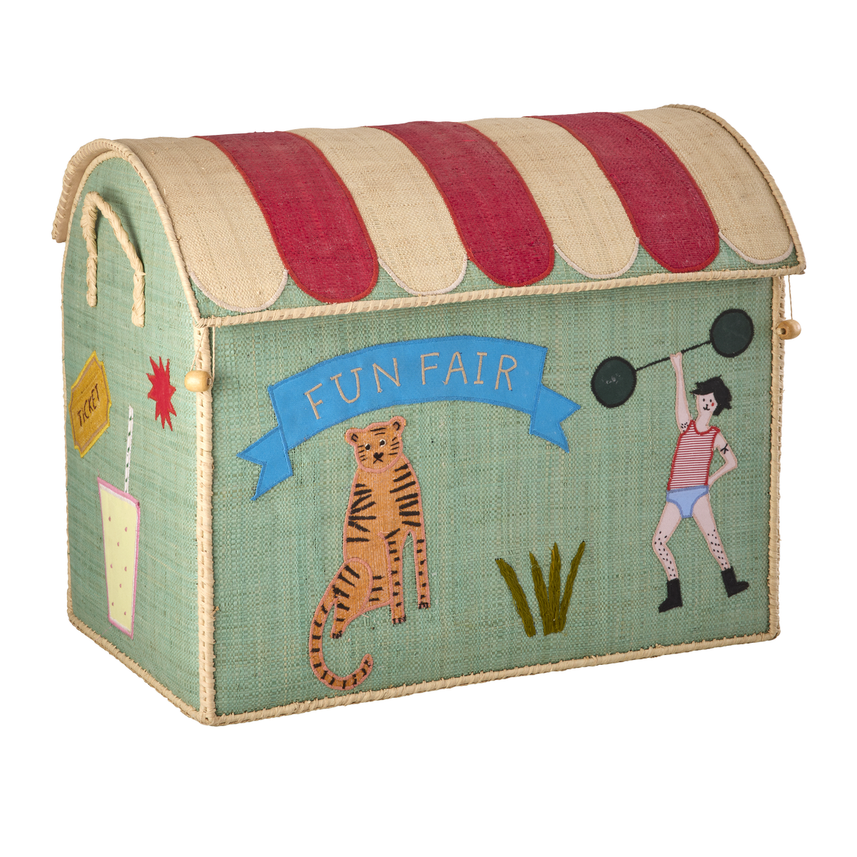 Raffia Toy Baskets with Fun Fair Theme - Mint - Large