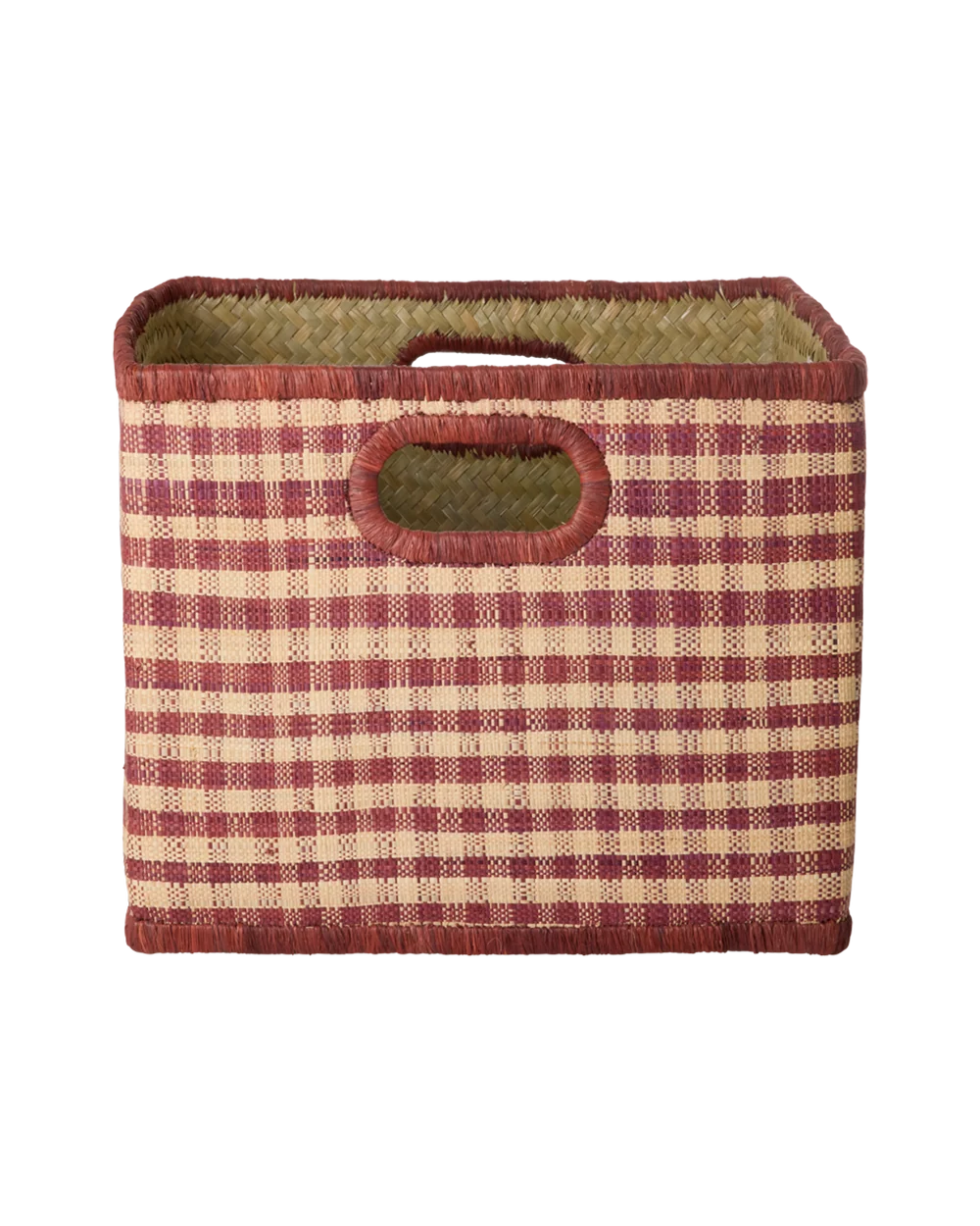 Raffia Square Basket in Brown Checks with Handle Opening - Large