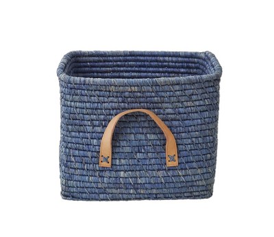 Small Square Basket with Leather Handles in Raffia 30 x 30 x 25 cm. Blue