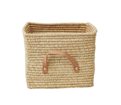 Small Square Basket with Leather Handles in Raffia 30 x 30 x 25 cm. Natural