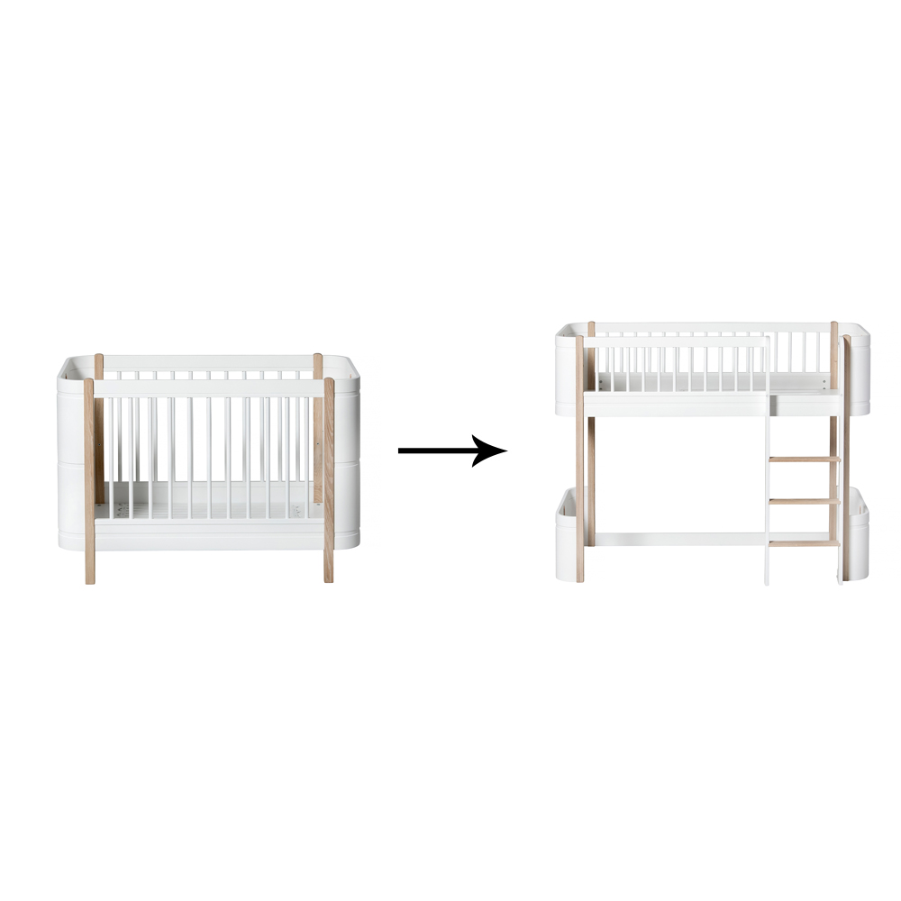 Mini+ cot bed incl. junior kit to low loft bed. white/oak