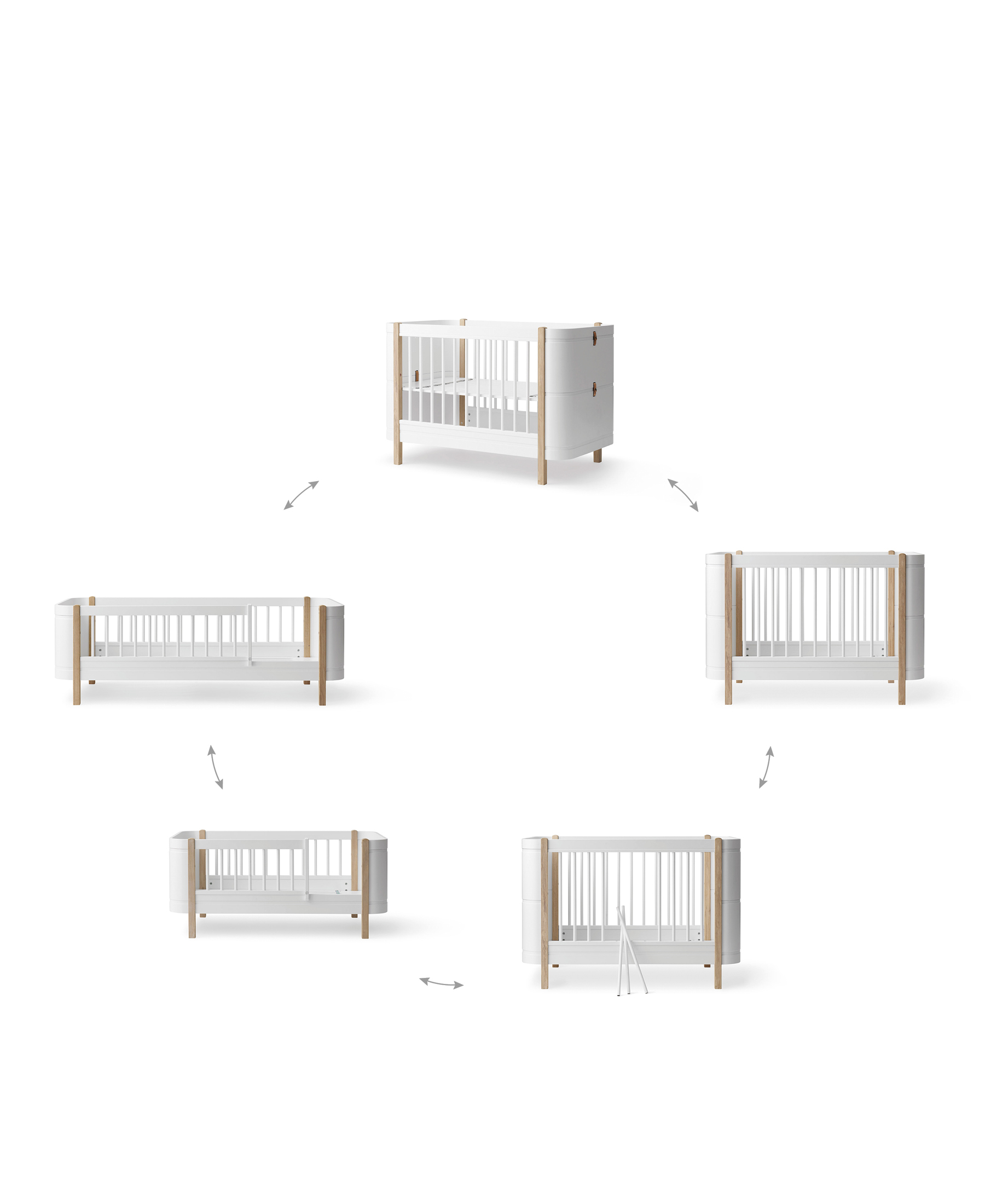 Mini+ cot bed incl. junior kit. 68x122/162 cm. oak - new