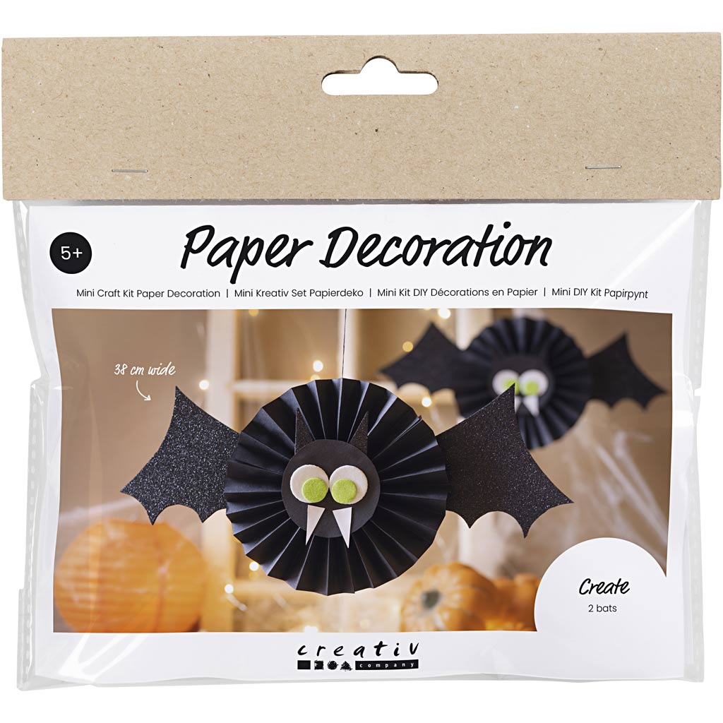 Mini DIY Kit Papirpynt, sort, hvid, Flagermus, 1pk.