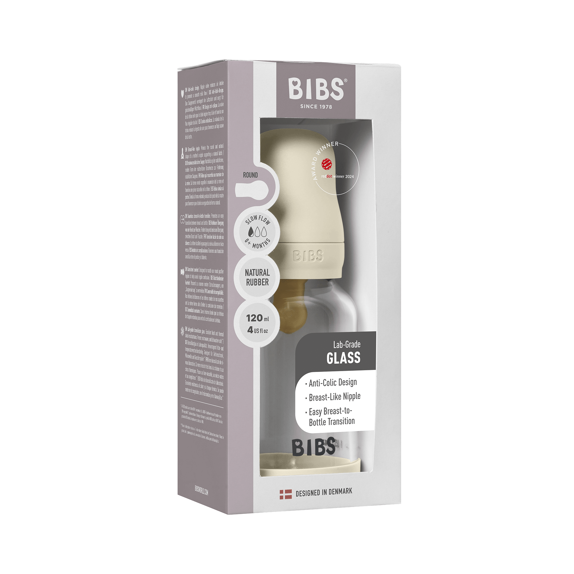 BIBS Glass Baby Bottle Round Latex 1 pack 120 ml Slow Flow Ivory