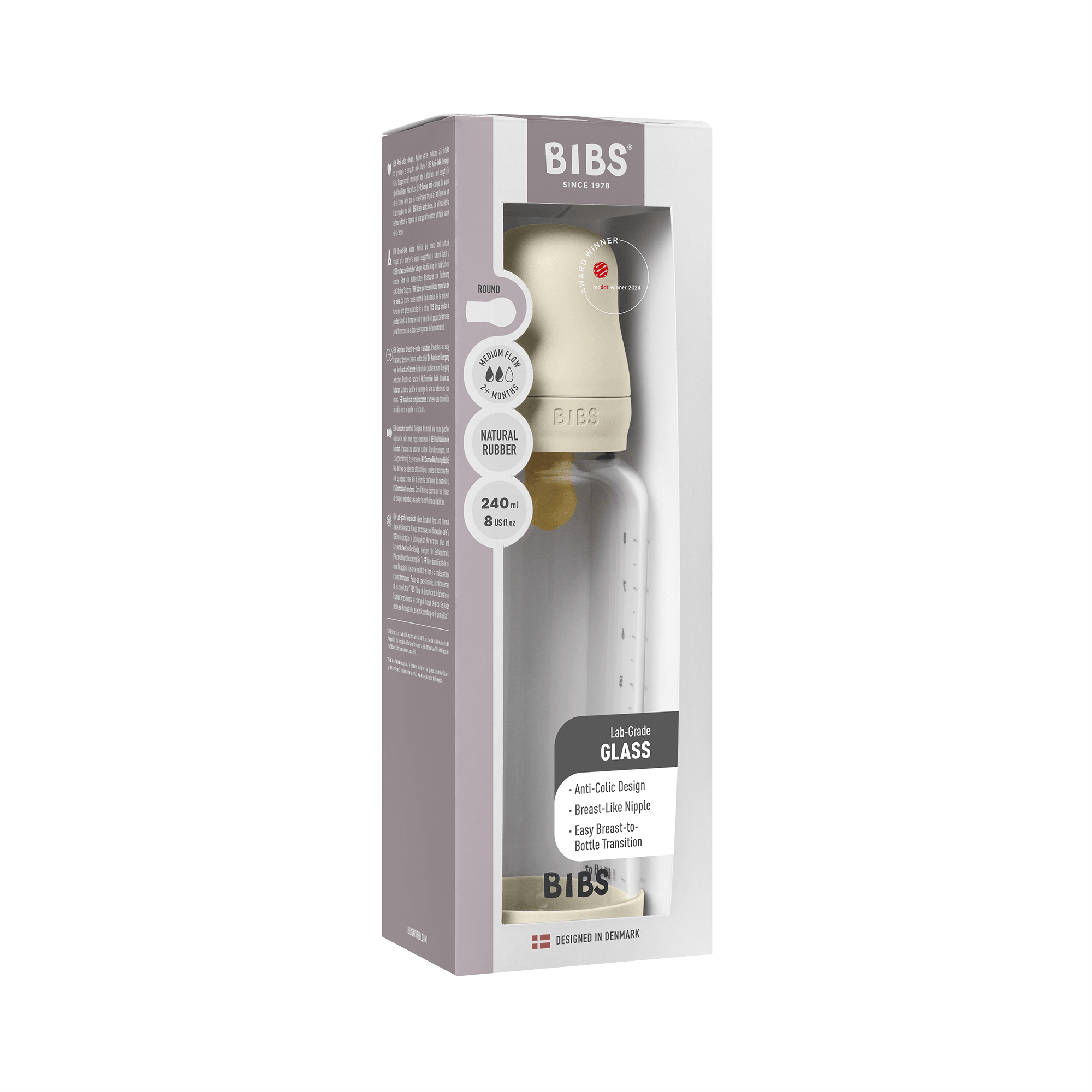 BIBS Glass Baby Bottle Round Latex 1 pack 240 ml Medium Flow Ivory