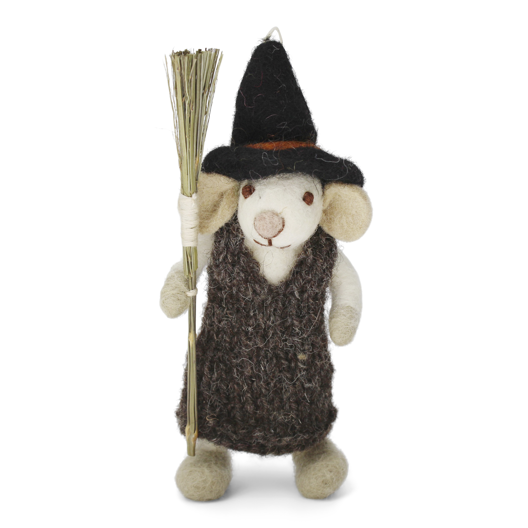 Small White Girly Mouse w/Broom and Brown Dress - AW24