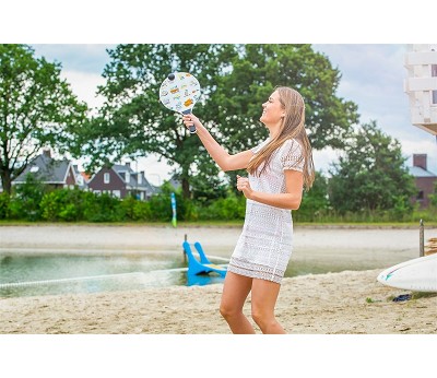 Beachball set with summer print. wooden bats in net