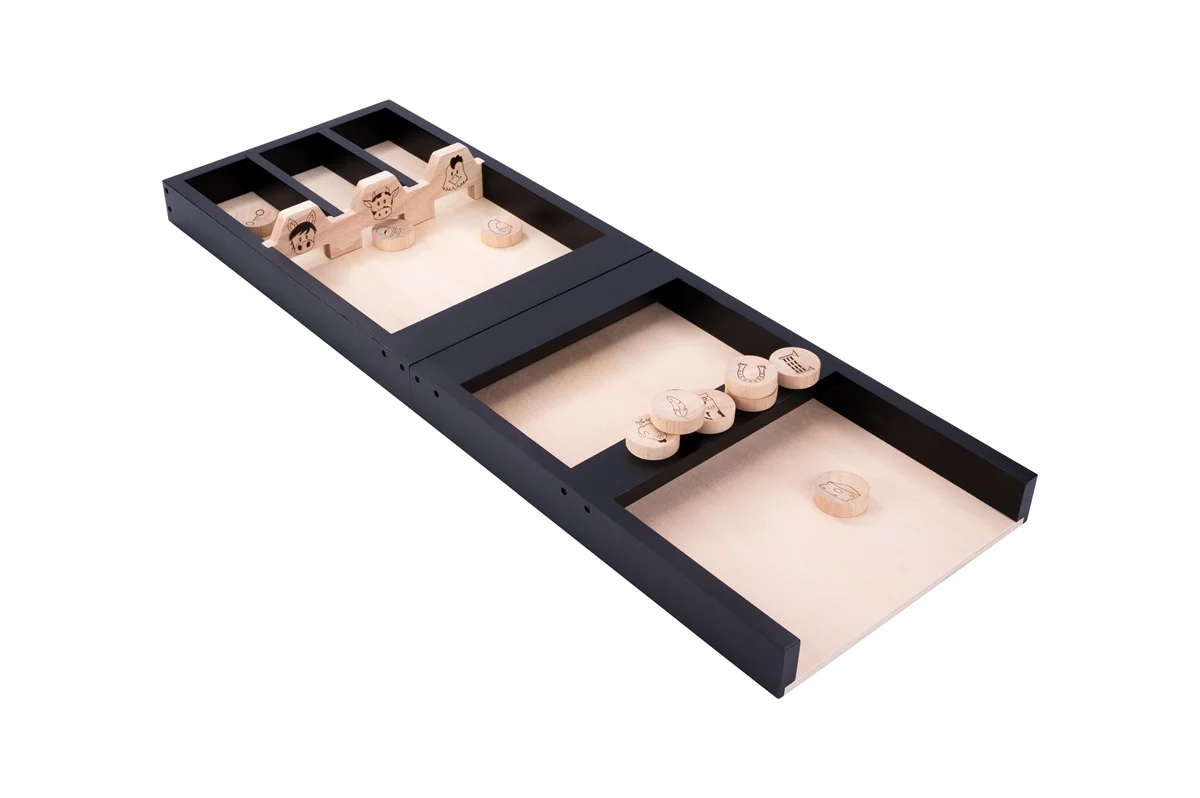 Two-piece shuffleboard in animal theme including cotton storage bag
