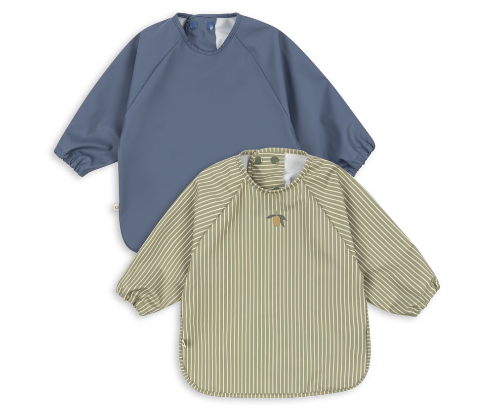 2 PACK DINNER BIB WITH SLEEVES TEA STRIPE/FLINT STONE 6-12M - AW25