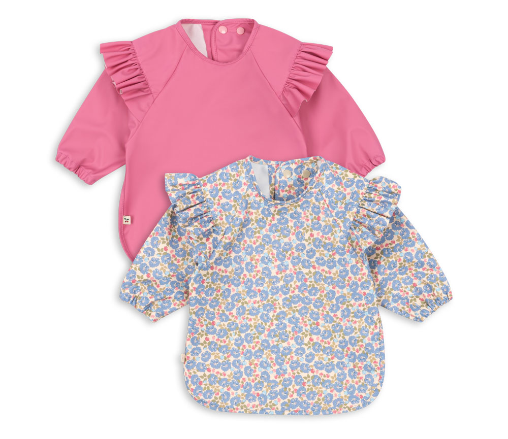 2 PACK DINNER BIB WITH SLEEVES AND FRILL FLEUR ROSIER/CHATEAU ROSE 6-12M - AW25